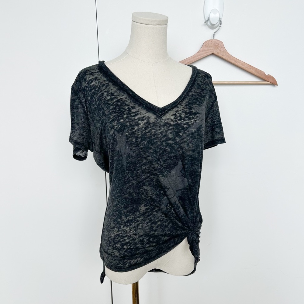 Charcoal Grey Sheer Grunge Star Print Distressed Lauren Moshi V-Neck Tee Shirt